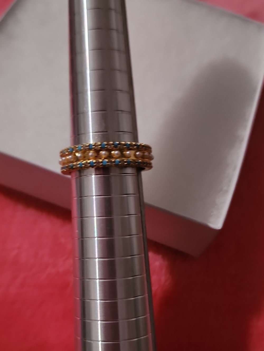 Gold Stackable Band with Blue and Pearl Accents Size 7.75
